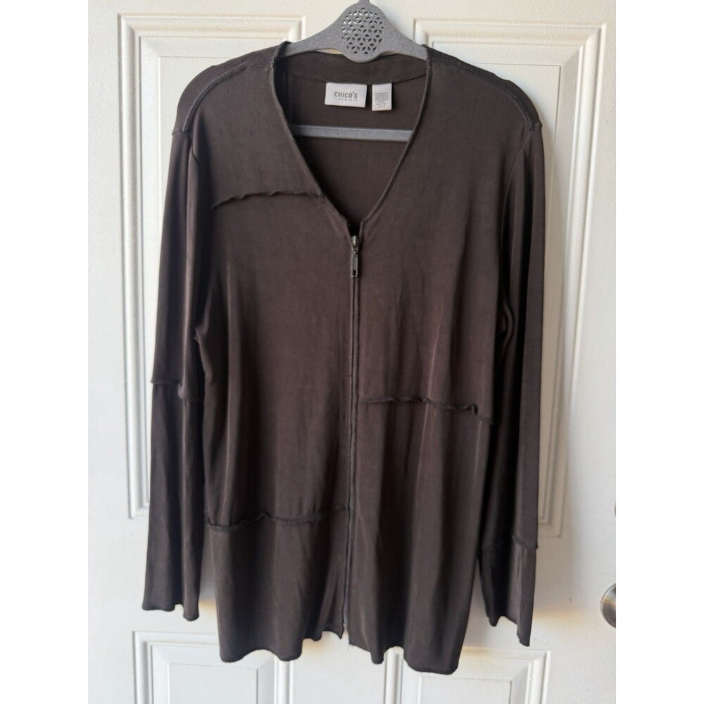 Chico’s Travelers Size 2 Brown Zip Front Layered Cardigan Jacket Raw Edge
